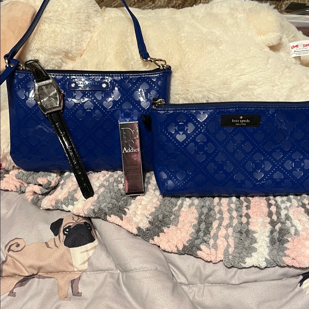kate spade Glossy Royal Blue PVC Wristlet and Pouch Set Dior lipstick & Watch